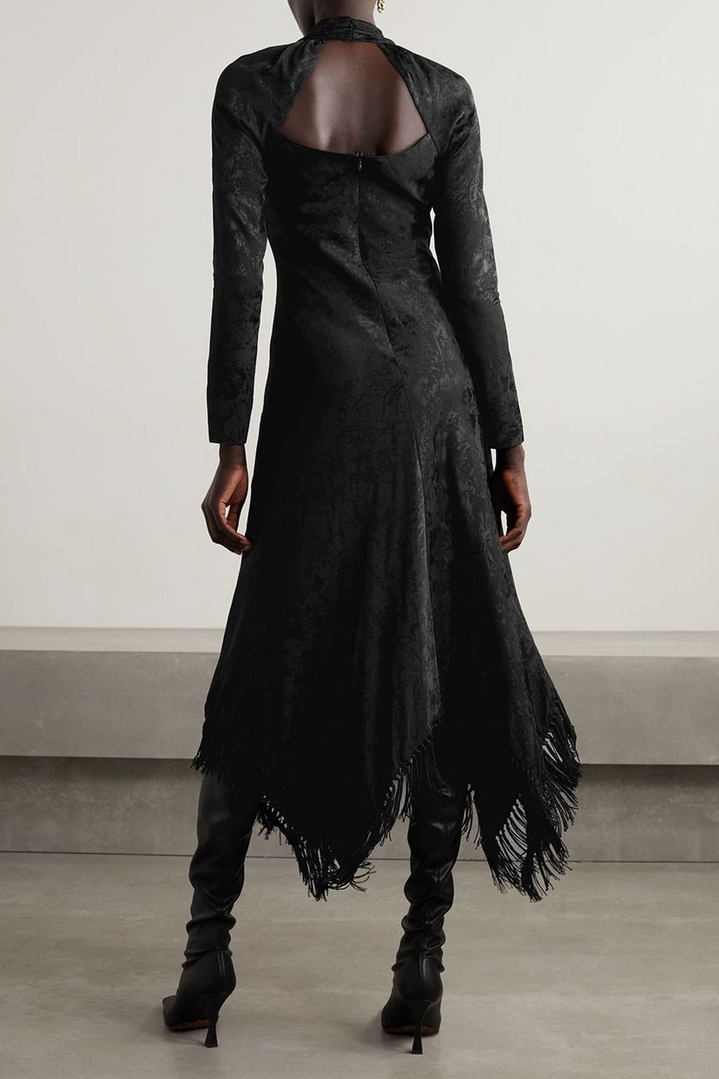 SIMKHAI Madelyn fringed cutout satin-jacquard midi dress