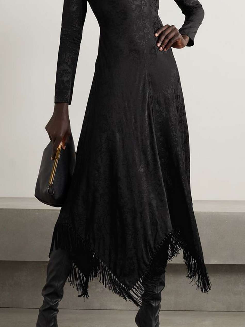 madelyn fringed cutout satin-jacquard midi dress