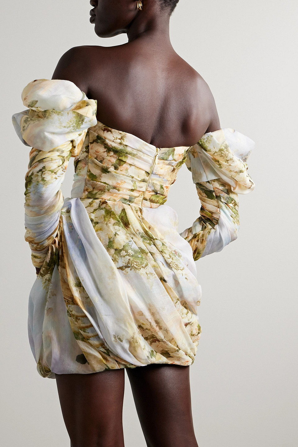 Zimmermann Luminosity Off-the-shoulder Draped Floral-print Linen And Silk-blend Organza Mini Dress In Sky Blue
