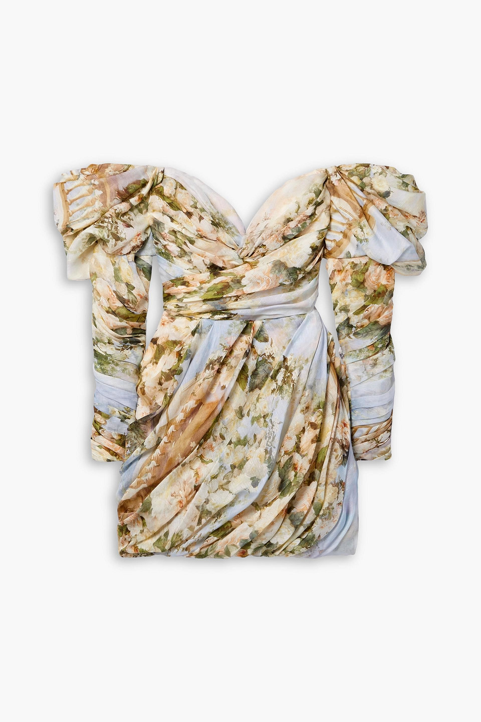 Zimmermann Luminosity Off-the-shoulder Draped Floral-print Linen And Silk-blend Organza Mini Dress In Sky Blue