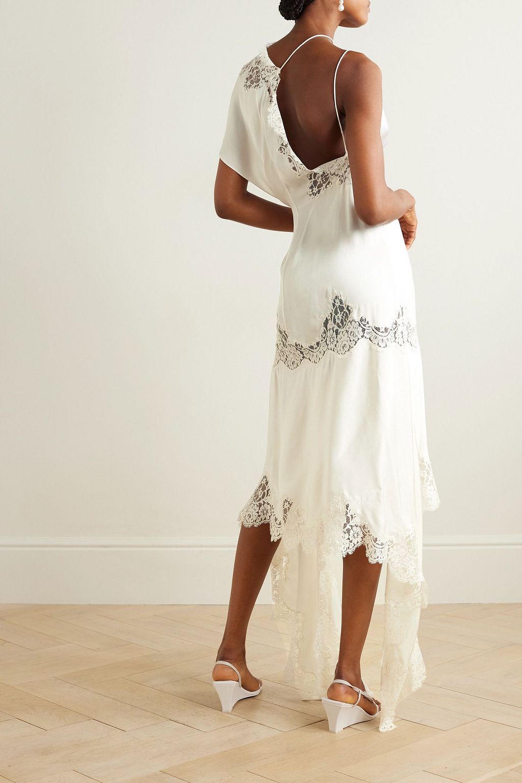 STELLA MCCARTNEY Asymmetric lace-trimmed crepe de chine midi dress