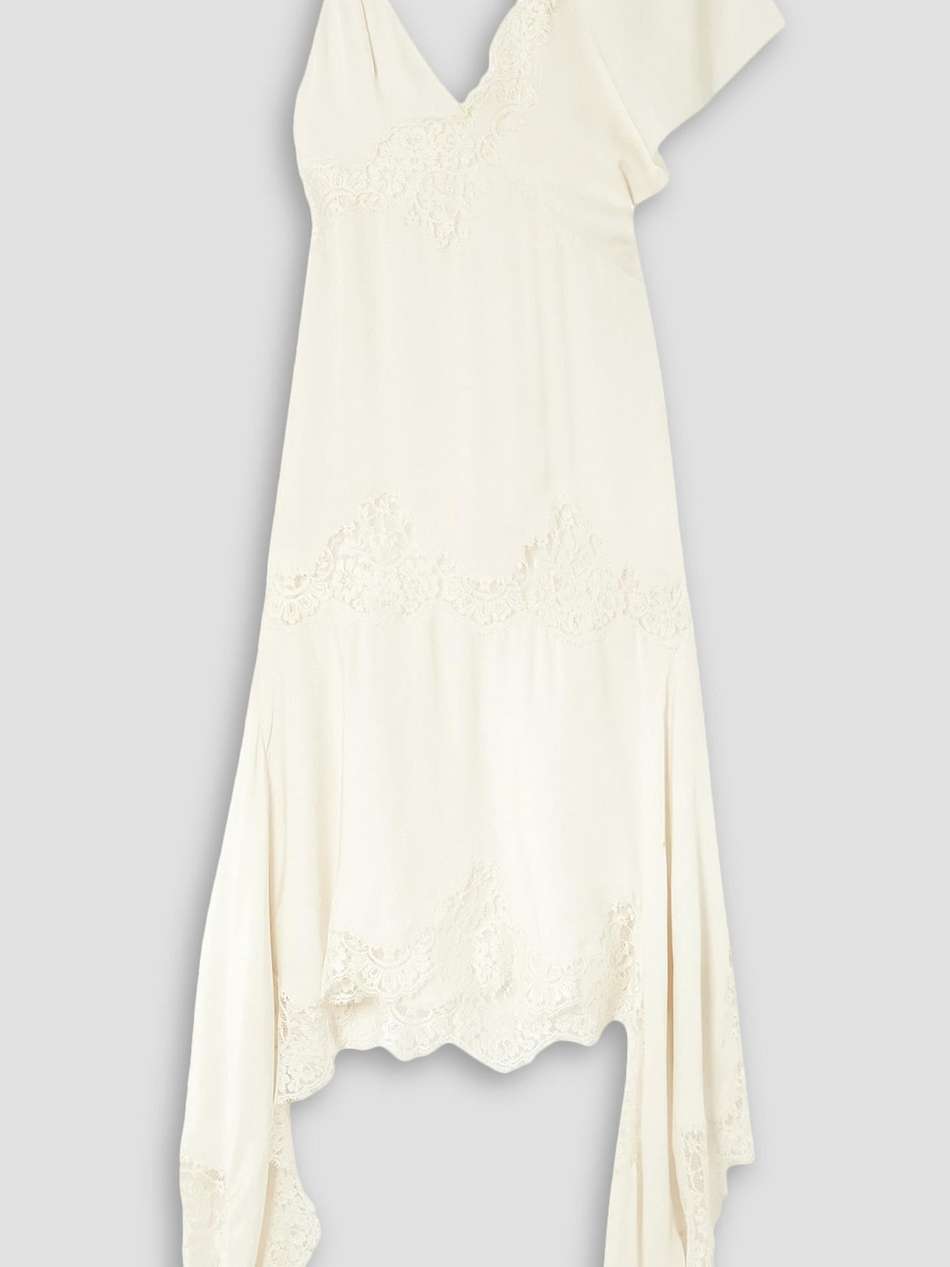 asymmetric lace-trimmed crepe de chine midi dress