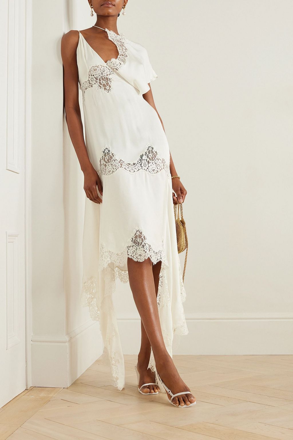 STELLA MCCARTNEY Asymmetric lace-trimmed crepe de chine midi dress