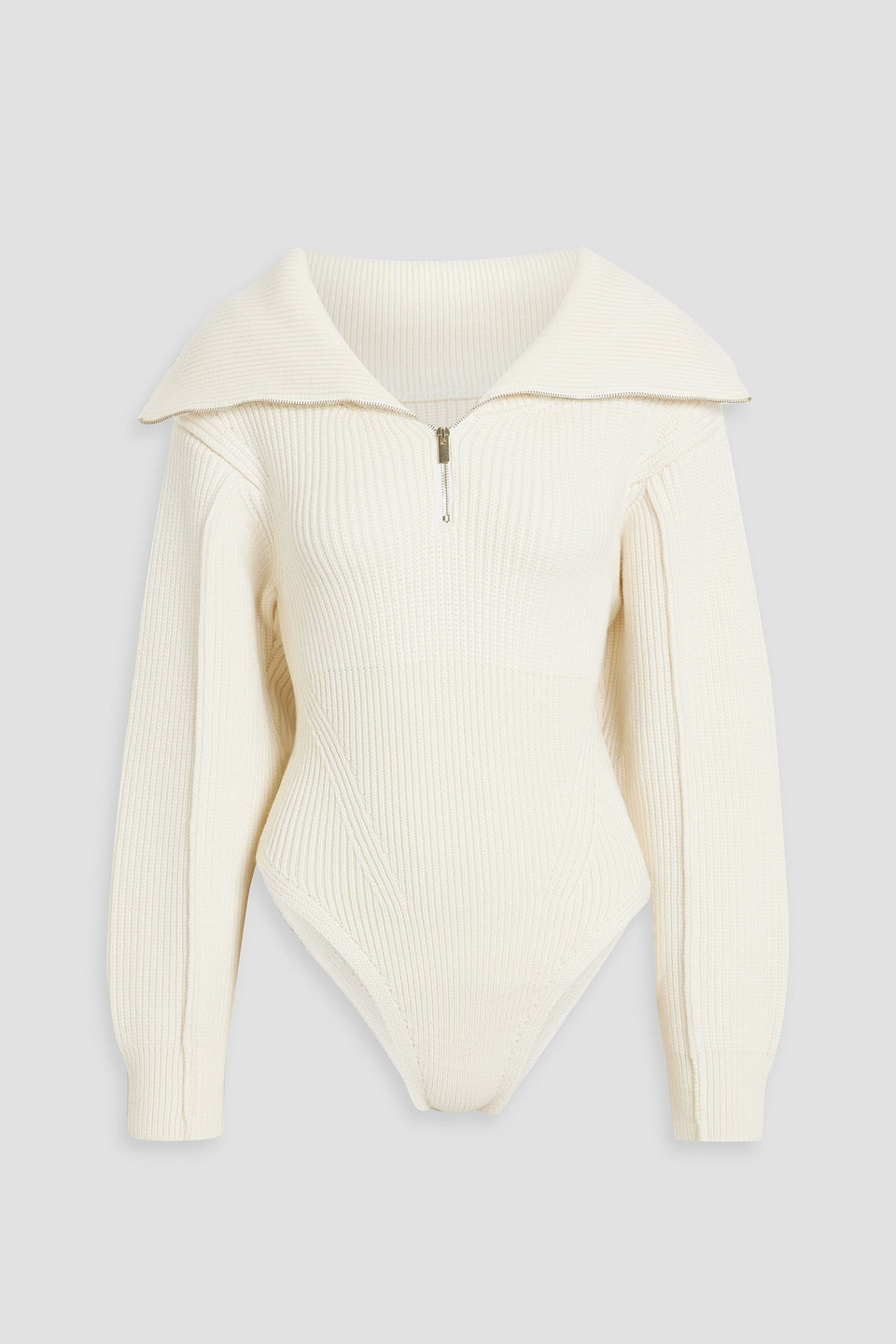 Jacquemus Ribbed Merino Wool Half-zip Bodysuit In Ivory