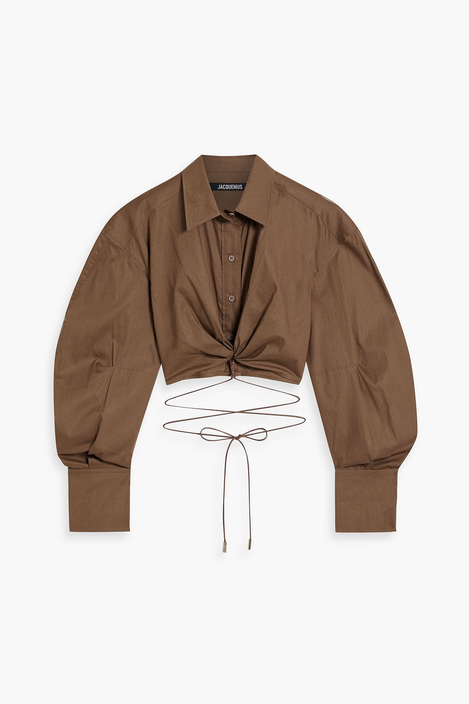 Jacquemus Plidao Cropped Embellished Cotton-blend Poplin Shirt In Brown