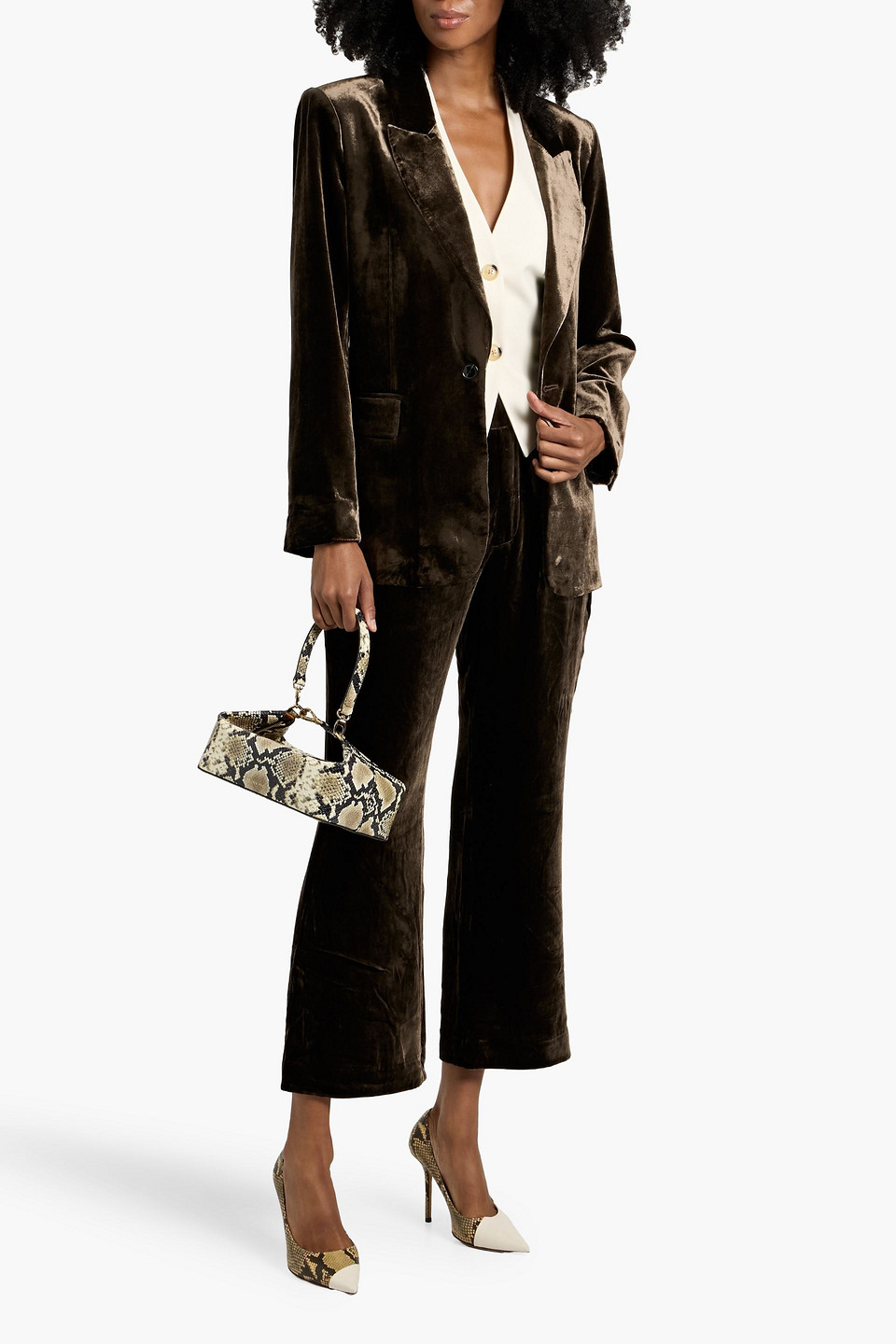 Frame Cropped Velvet Flared Pants In Brown