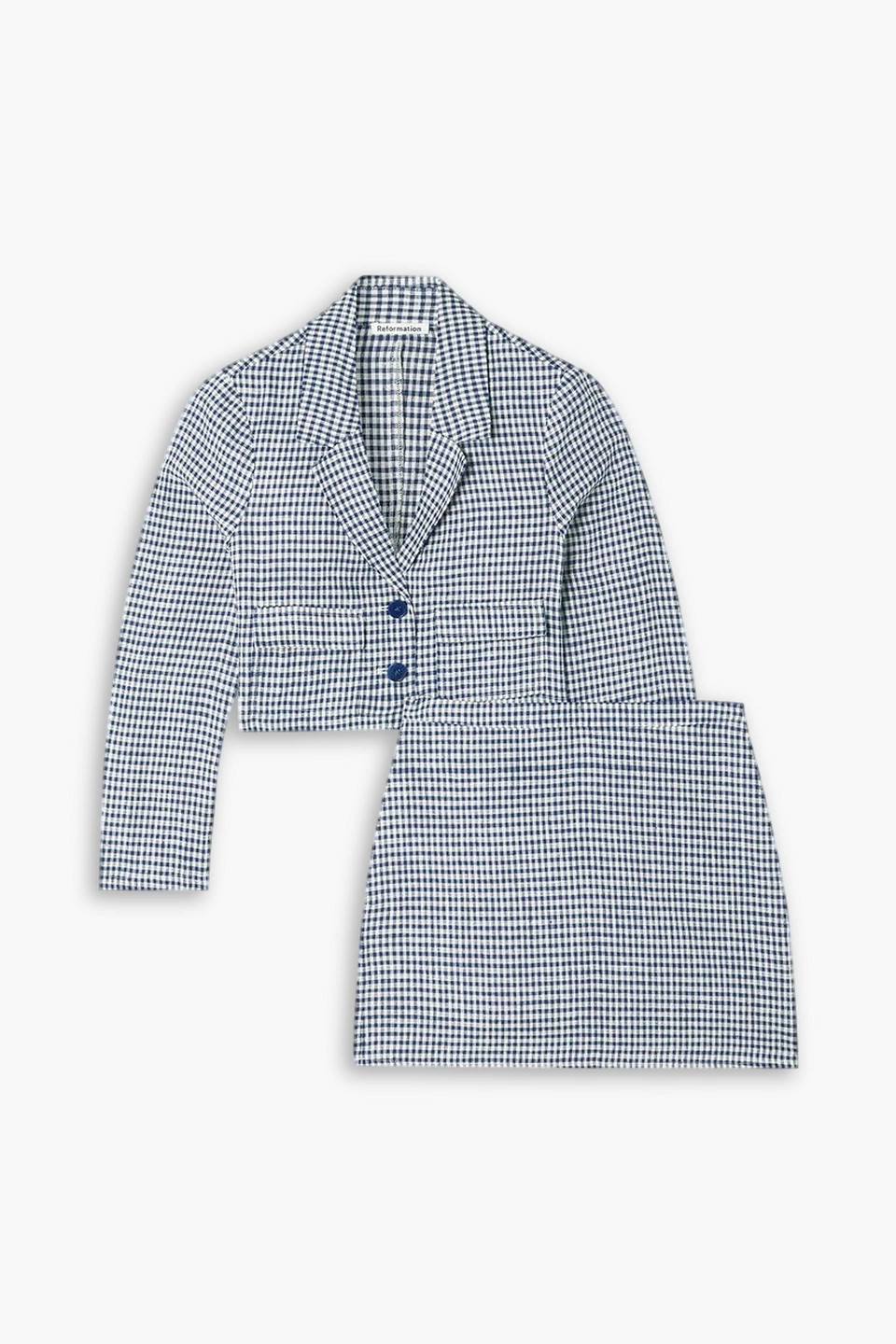 Reformation Elton Gingham Linen Cropped Blazer And Mini Skirt Set In Gray