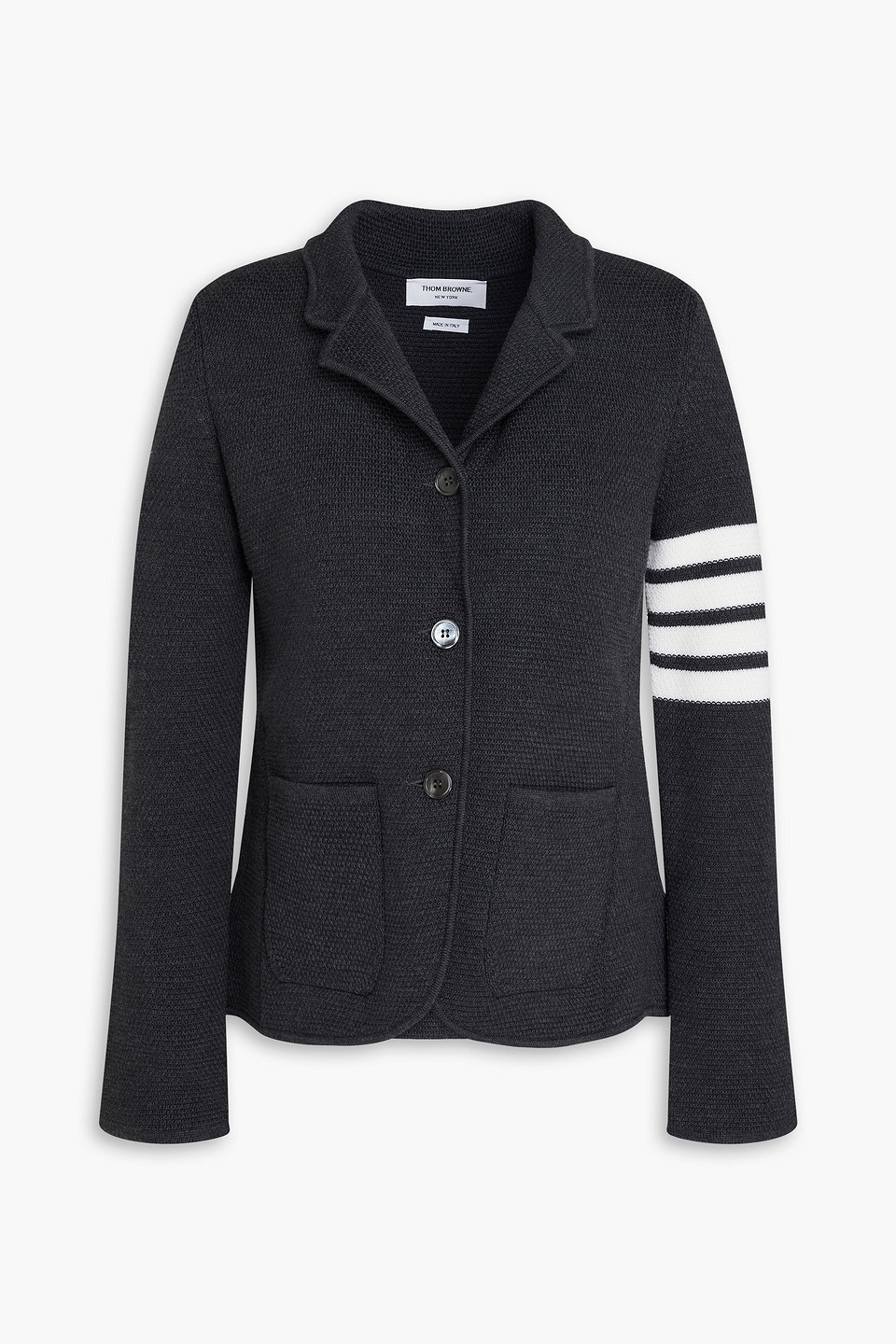 Thom Browne Four-bar Stripe Open-knit Cardigan In Dark Gray