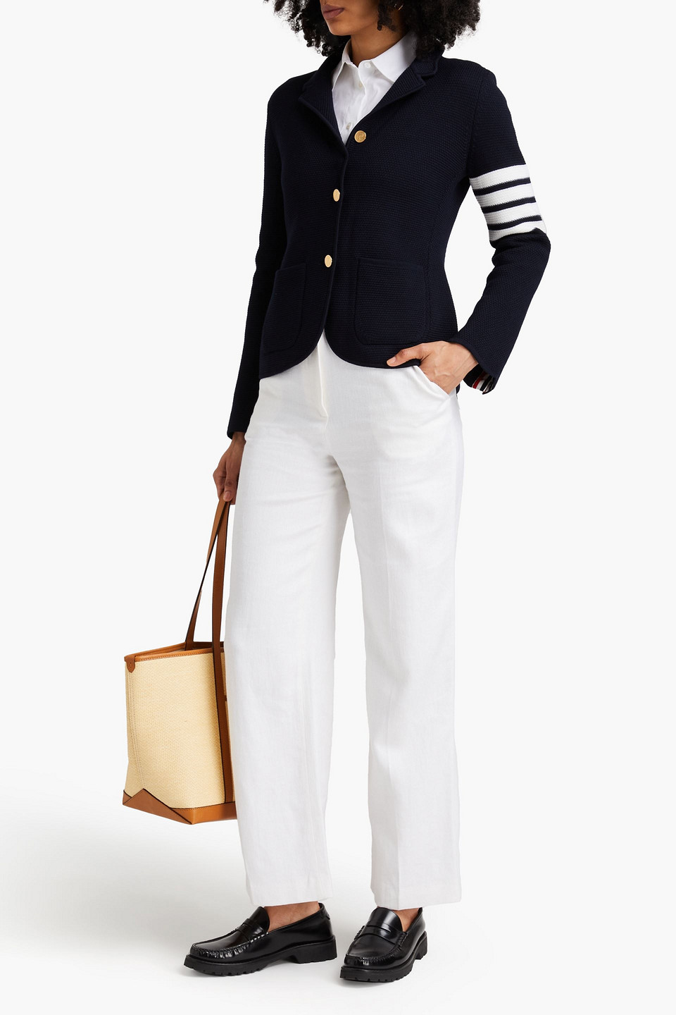 Thom Browne Striped Waffle-knit Wool-blend Blazer In Midnight Blue