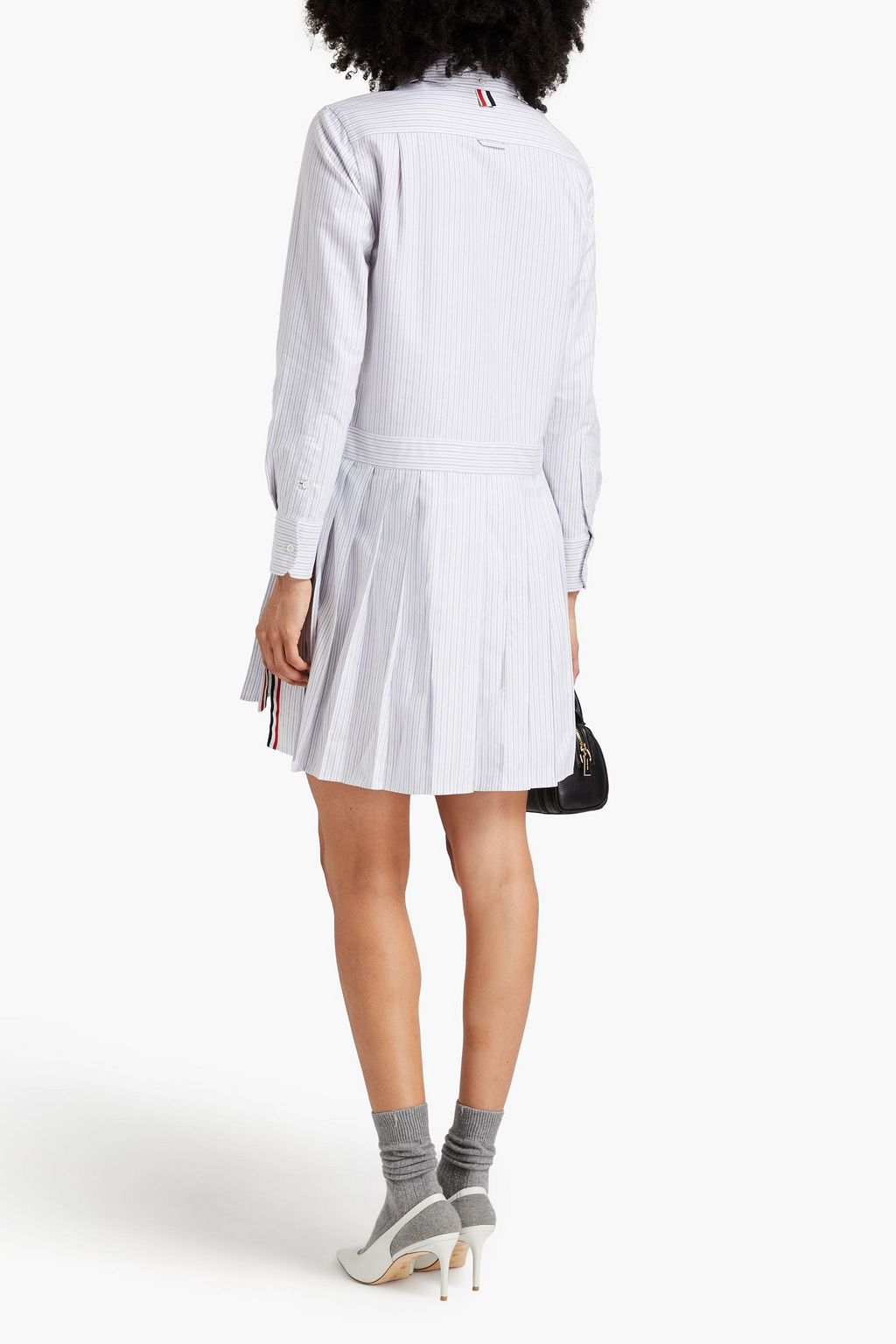 THOM BROWNE Asymmetric pleated striped cotton mini shirt dress