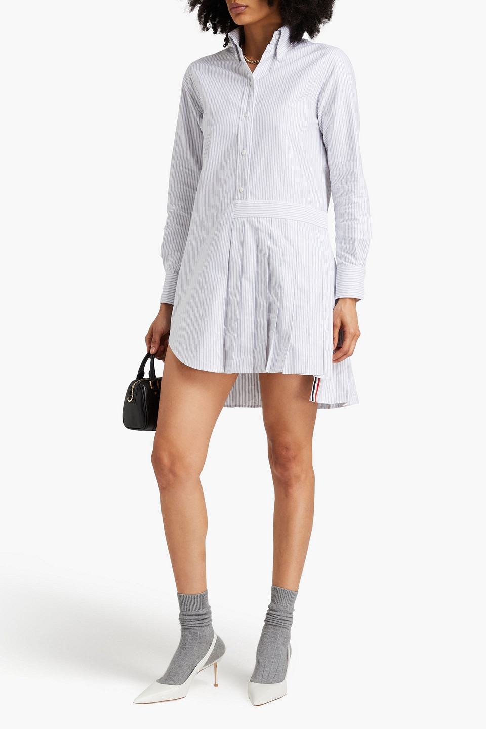 Thom Browne Pleated Striped Shirt Dress In Light Gray