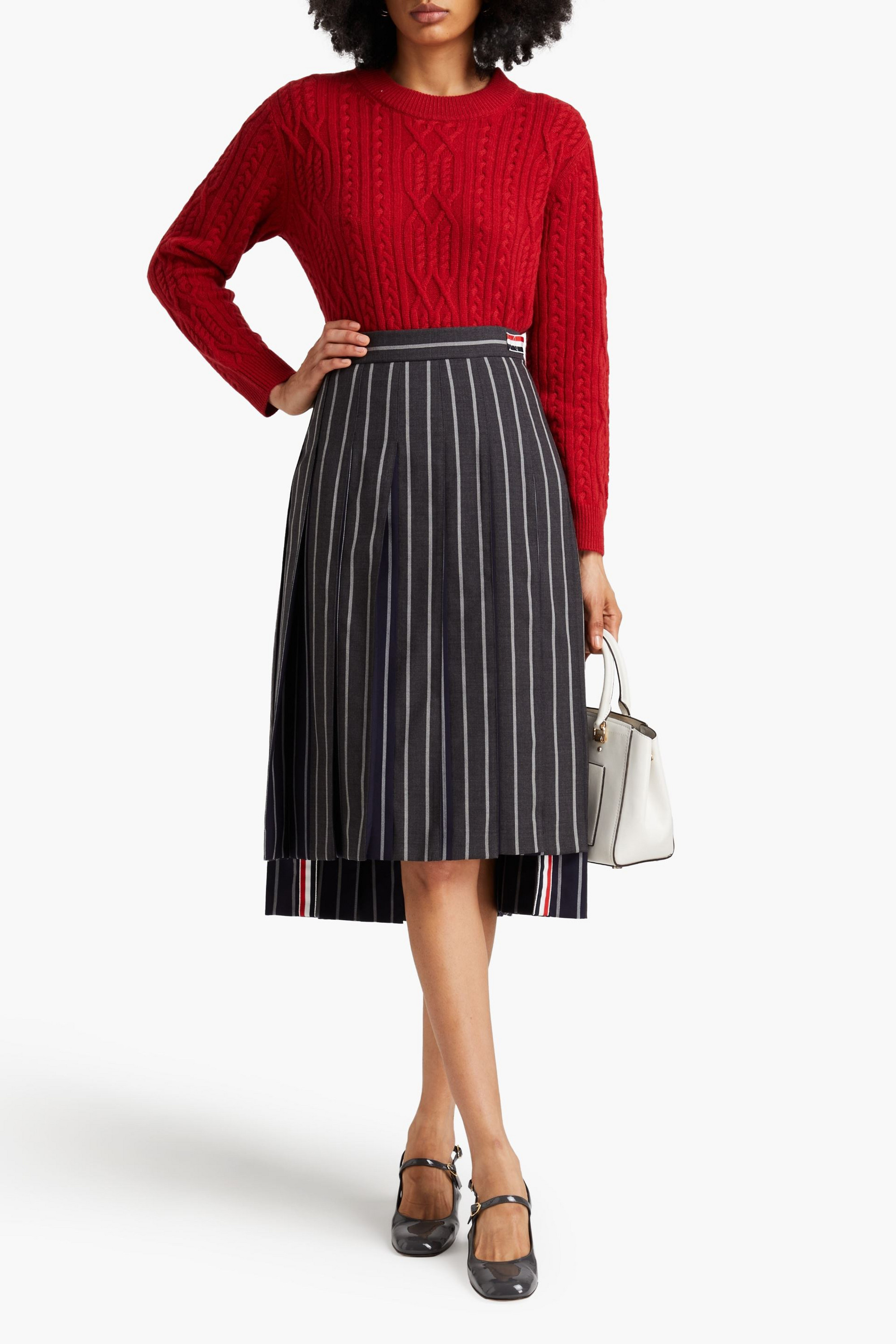 Thom Browne Pleated striped wool midi skirt