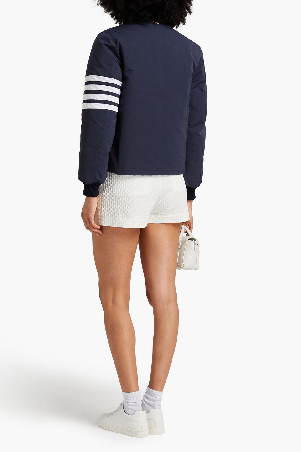 Thom Browne Tech Striped Down Padded Varsity Jacket In Navy