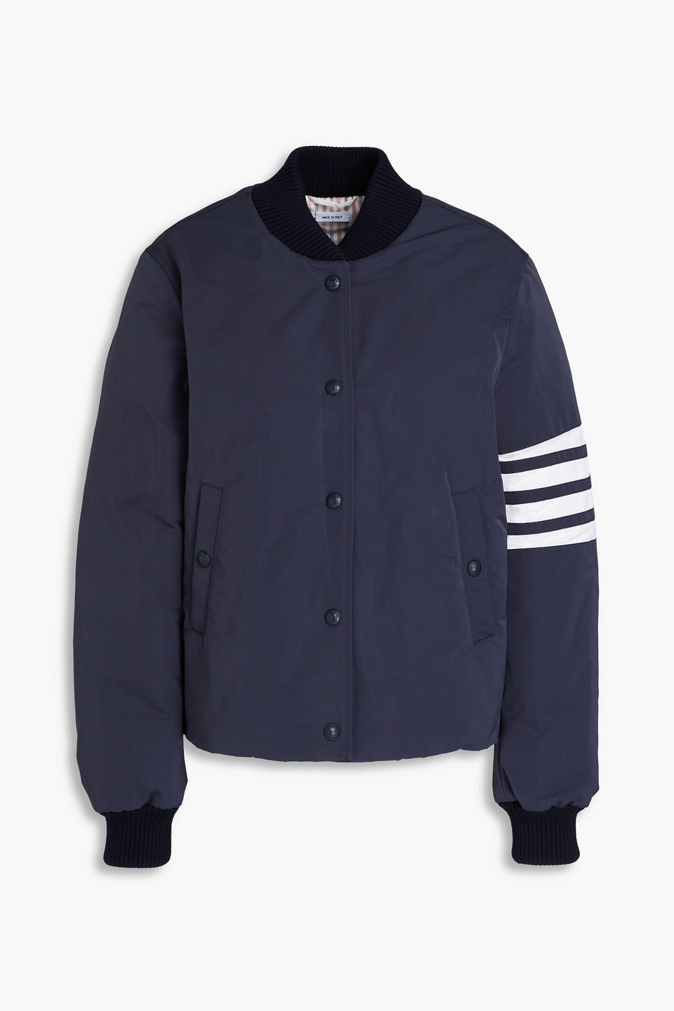 Thom Browne Tech Striped Down Padded Varsity Jacket In Navy