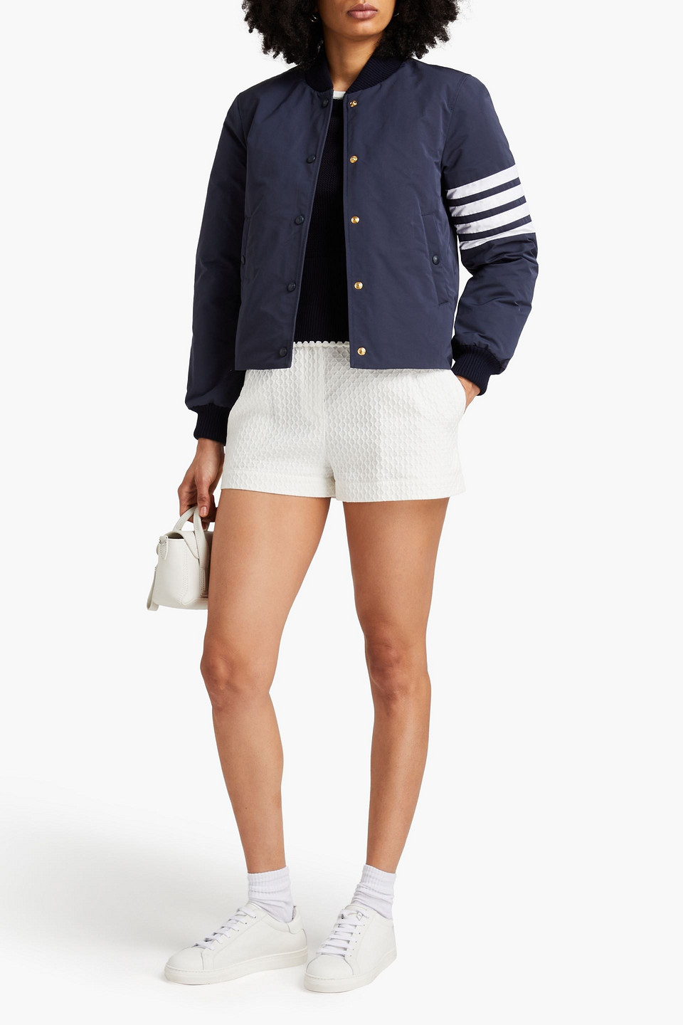 Thom Browne Tech Striped Down Padded Varsity Jacket In Navy