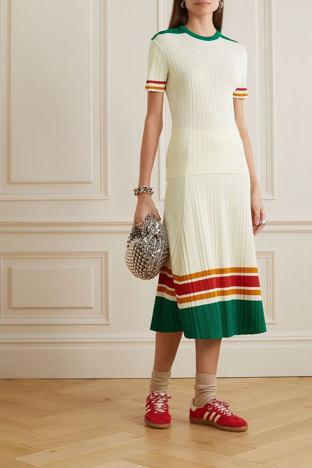 WALES BONNER Harp striped plissé-jersey midi skirt