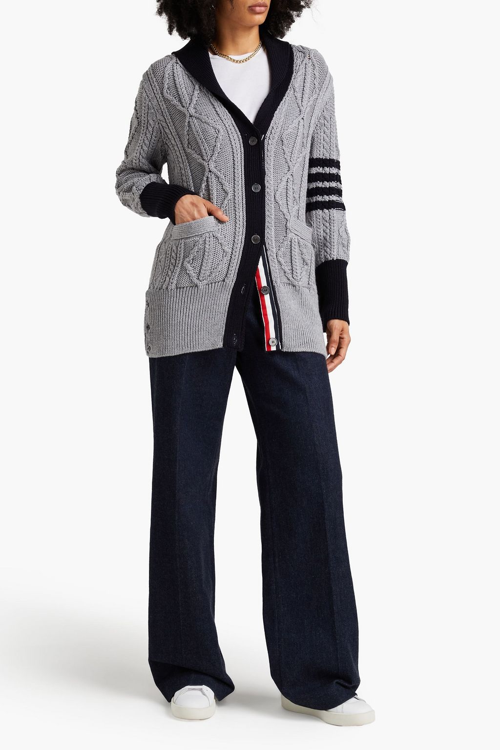 THOM BROWNE ケーブルニット ウール カーディガン ストライプ
