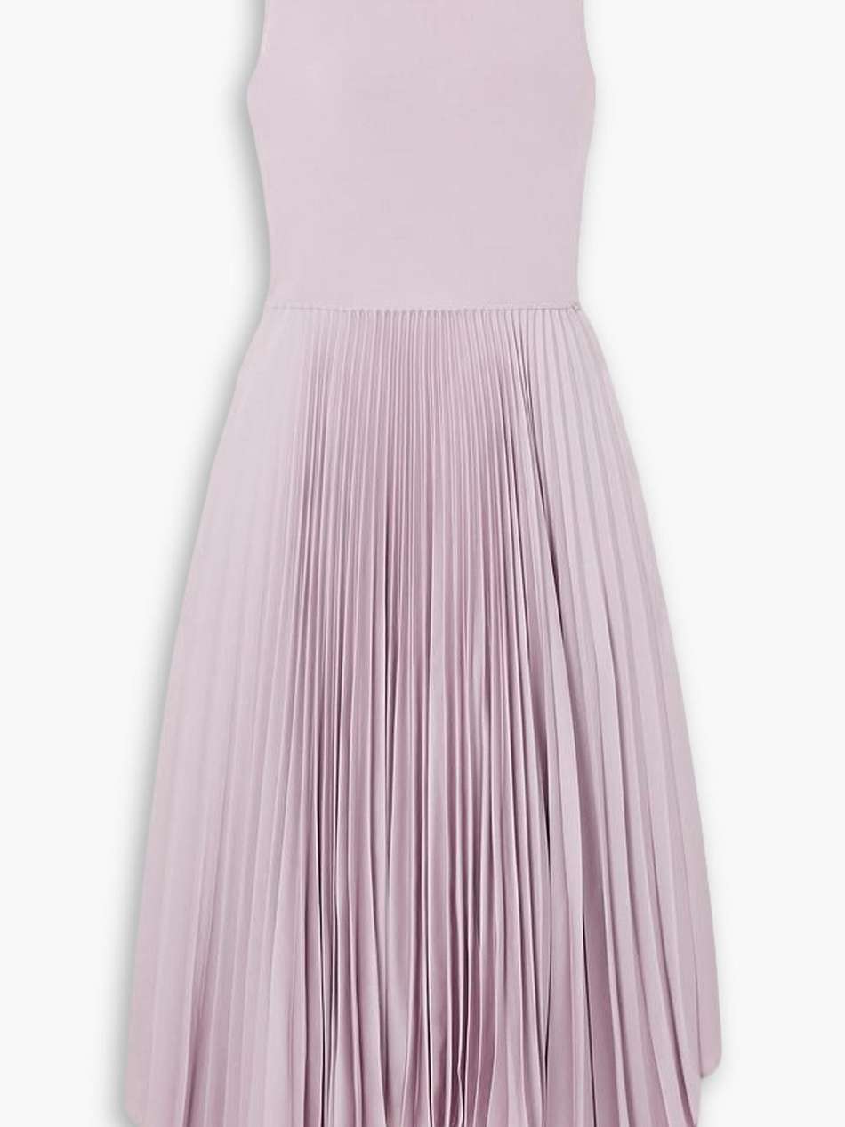 dera asymmetric stretch-knit and plissé-satin midi dress