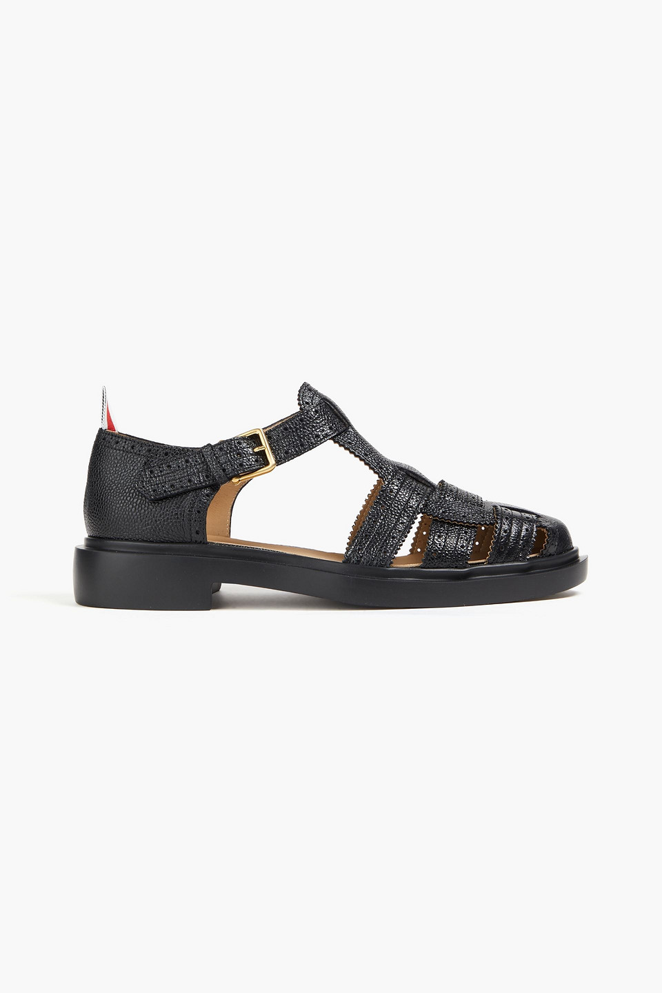 Thom Browne Brouged Fisherman Pebbled-leather Sandals In Black