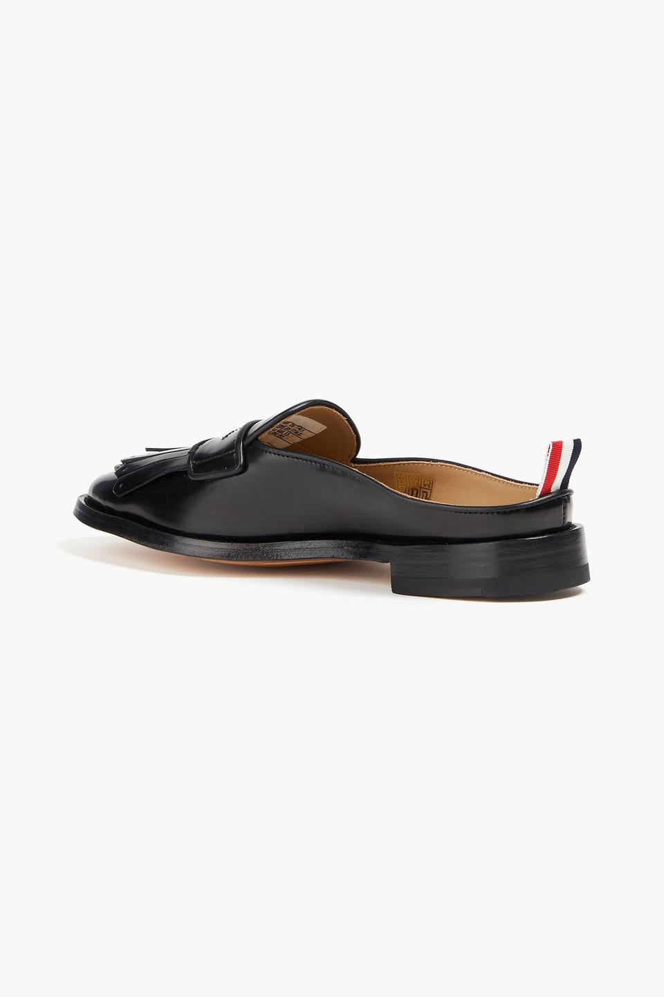 Thom Browne Kilt Varsity Fringed Glossed-leather Slippers In Black