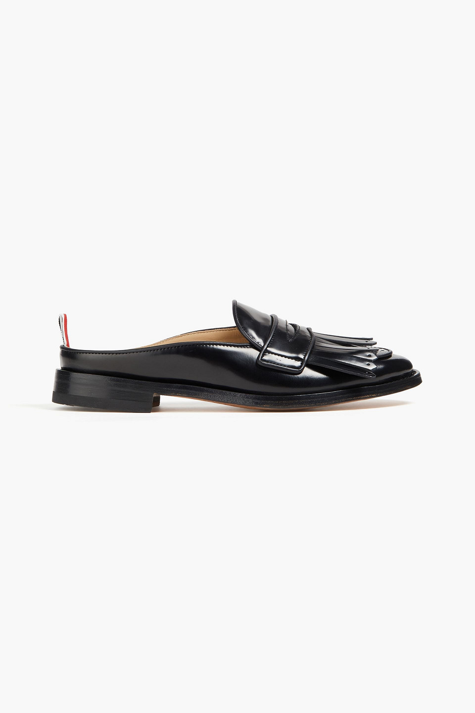 Thom Browne Kilt Varsity Fringed Glossed-leather Slippers In Black