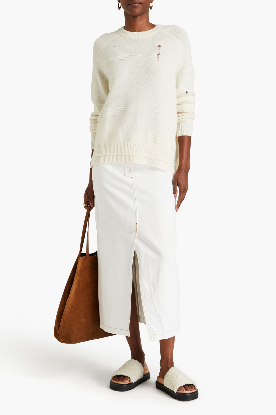 Shop Autumn Cashmere Distressed Cashmere Sweater In Ivory