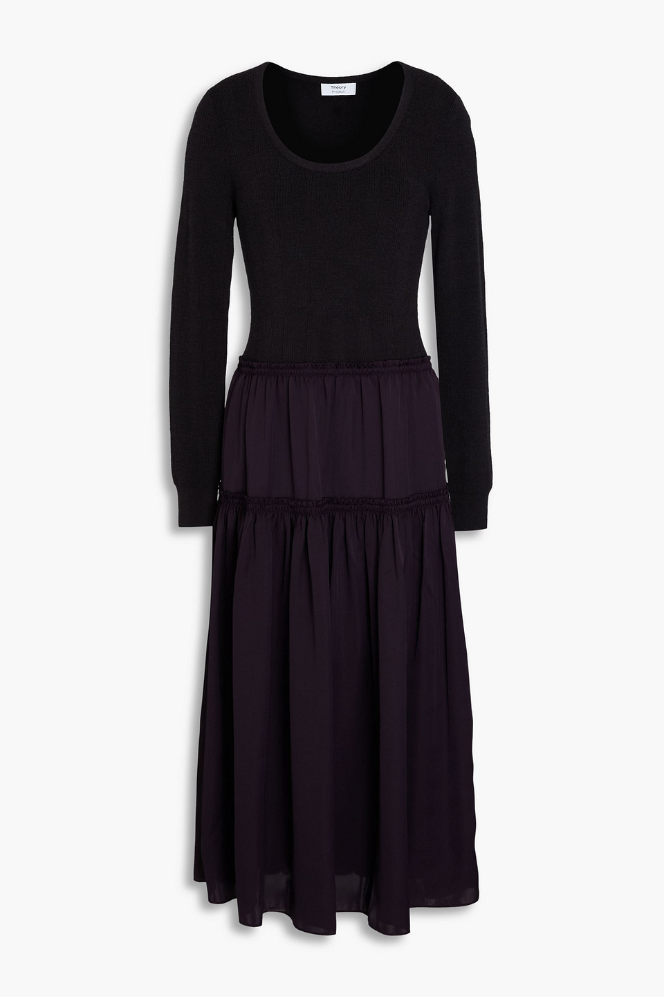 Theory Ribbed-knit Paneled Satin Midi Dress In Dark Purple