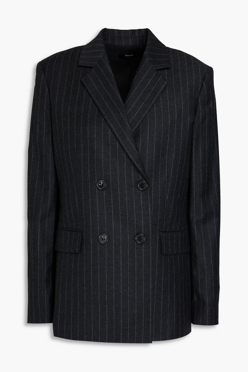 Theory Double-breasted Pinstriped Wool-flannel Blazer In Charcoal