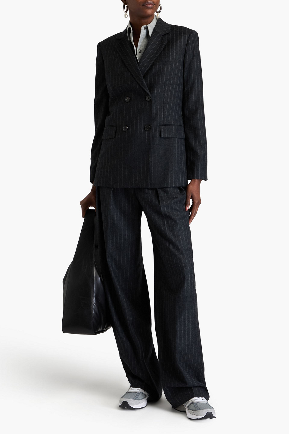THEORY DOUBLE-BREASTED PINSTRIPED WOOL-FLANNEL BLAZER