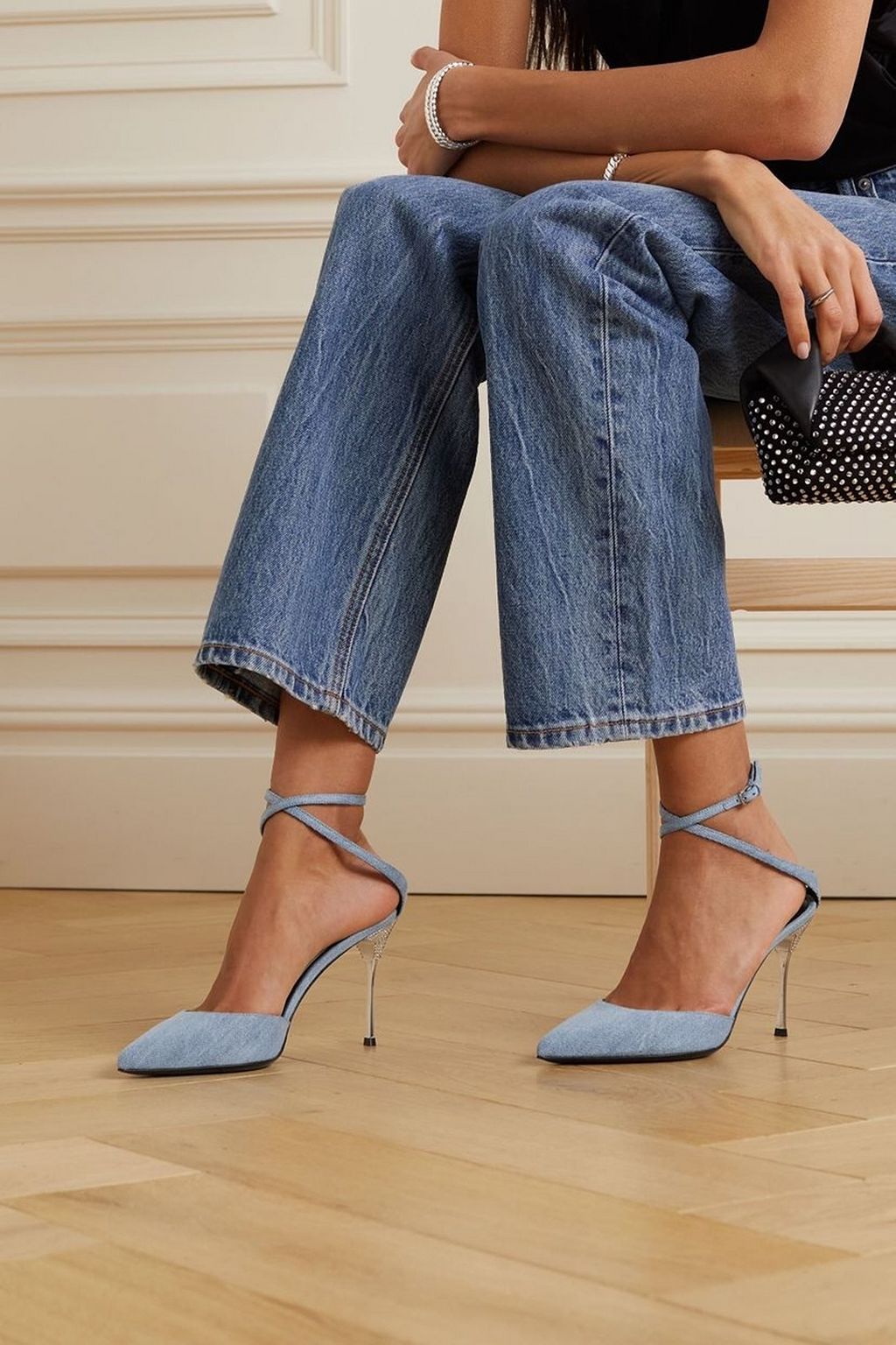 AREA X SERGIO ROSSI Crystal-embellished denim pumps