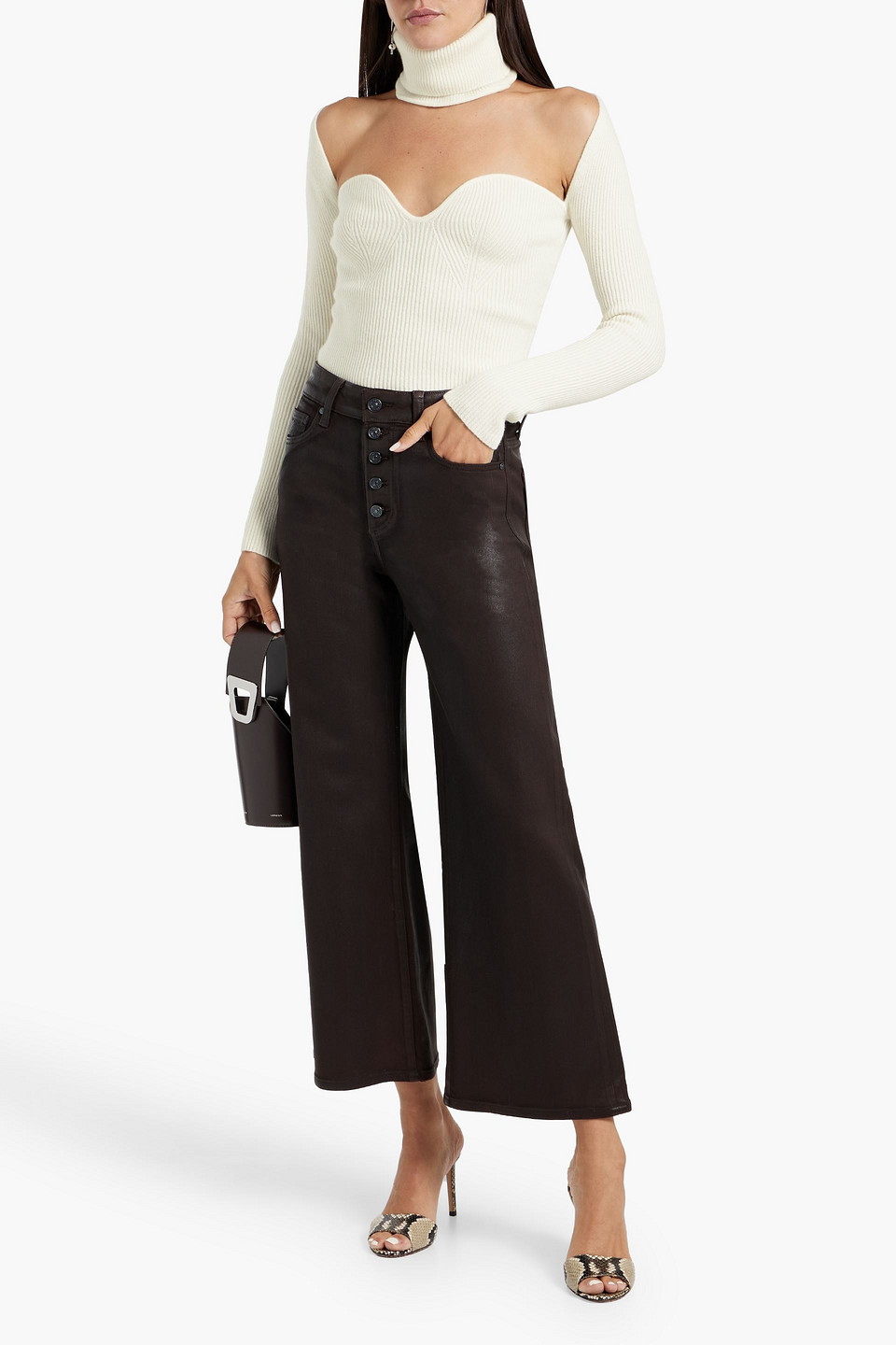 PAIGE ANESSA CROPPED COATED HIGH-RISE WIDE-LEG JEANS 