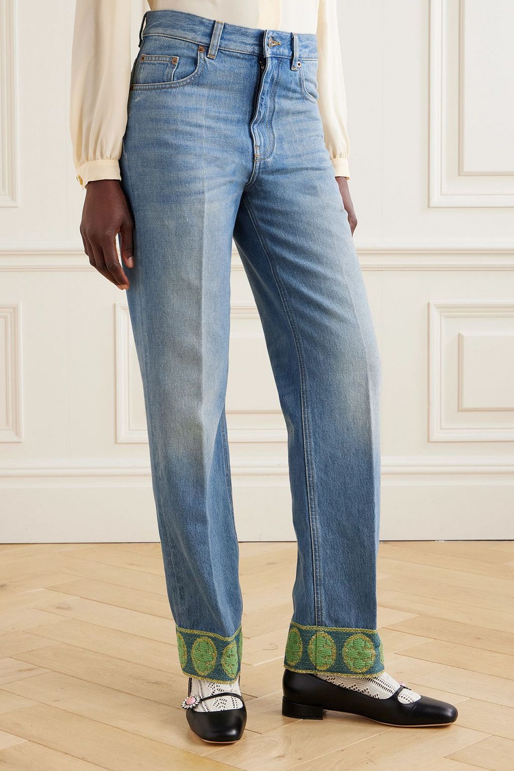 VALENTINO GARAVANI Metallic jacquard-trimmed straight-leg jeans