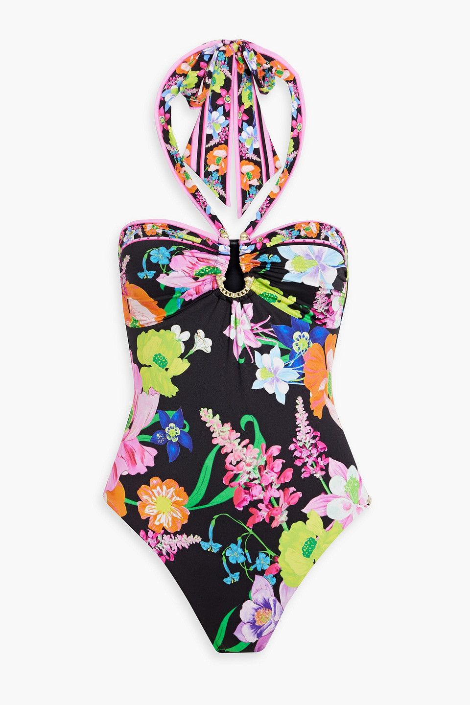 Camilla Embellished Floral-print Halterneck Swimsuit In Black