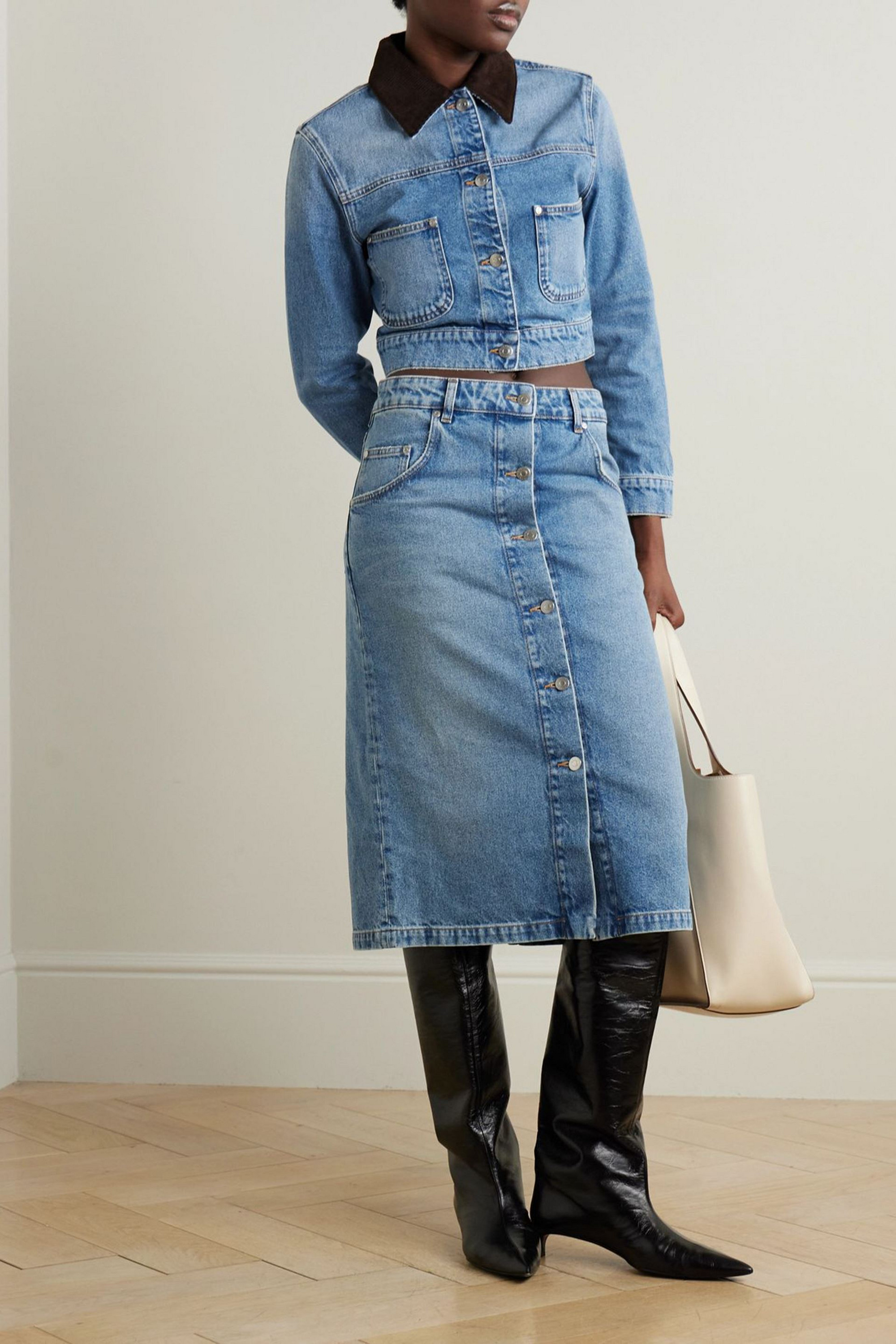 Stella McCartney Cropped corduroy-trimmed denim jacket