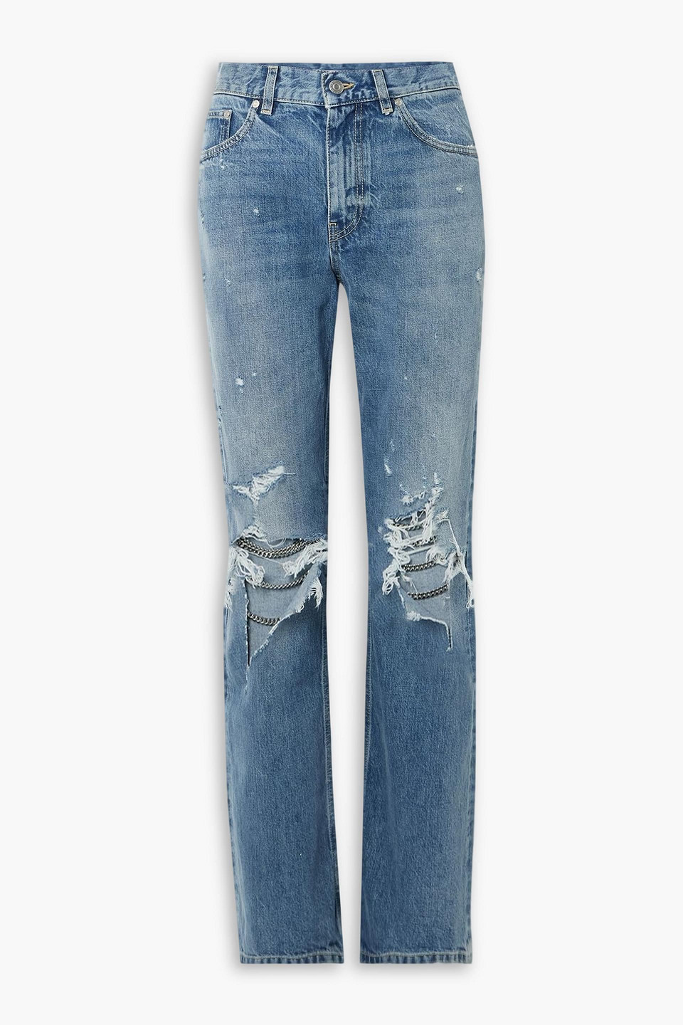 Stella Mccartney Falabella Distressed Embellished High-rise Straight-leg Jeans In Blue