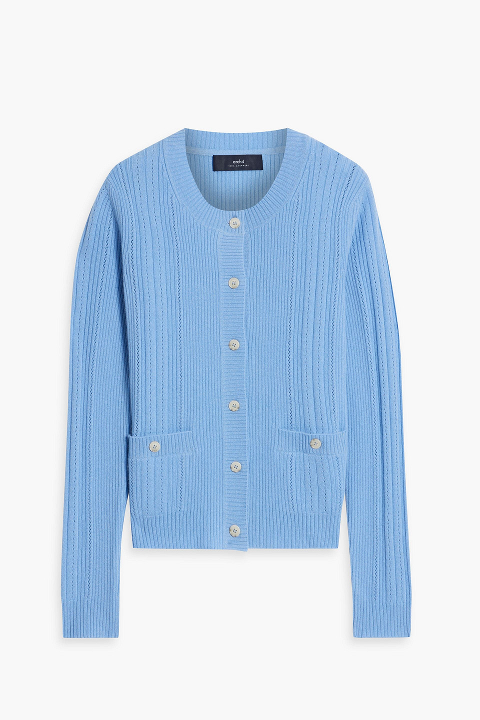 Arch4 Sunningdale Ribbed Pointelle-knit Cashmere Cardigan In Light Blue