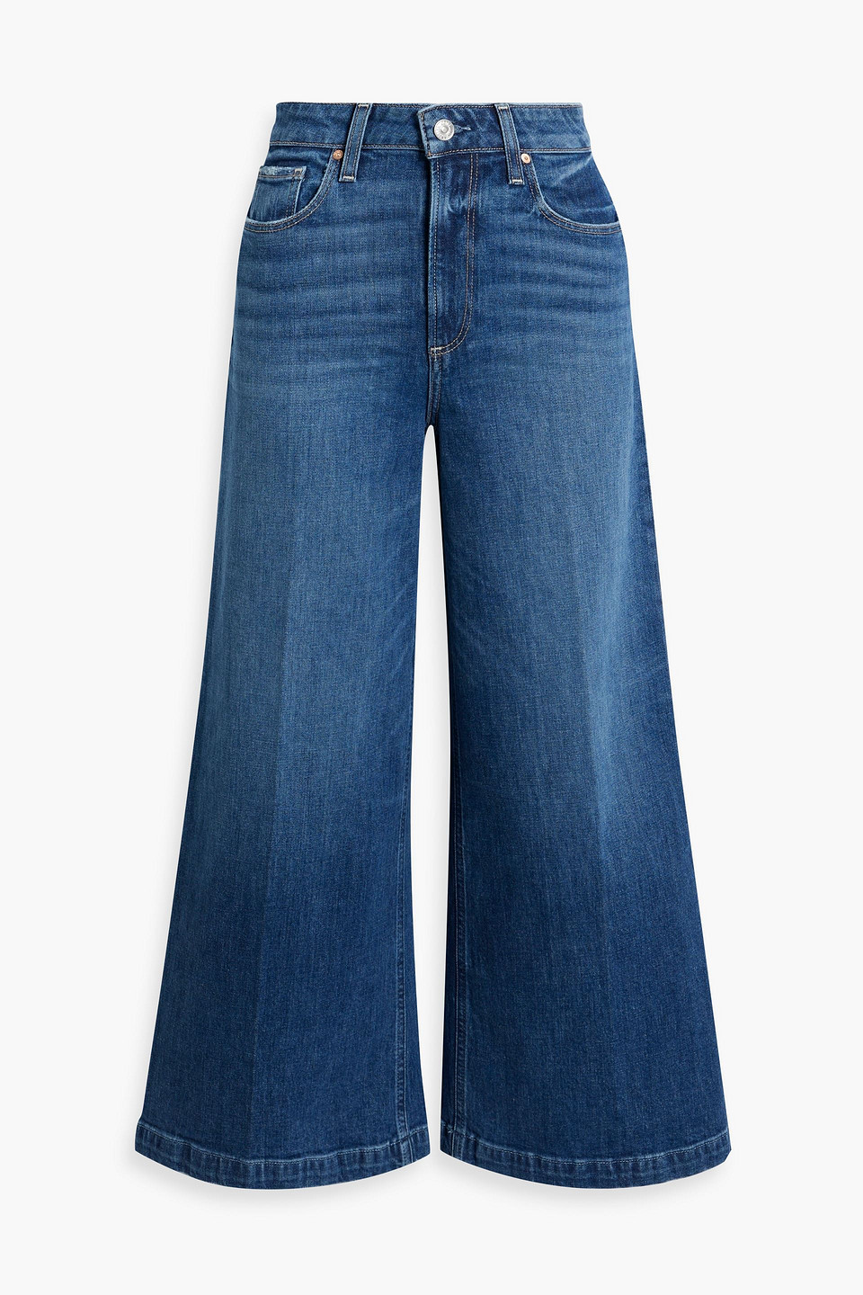 Paige Frankie Cropped Distressed High-rise Wide-leg Jeans In Mid Denim