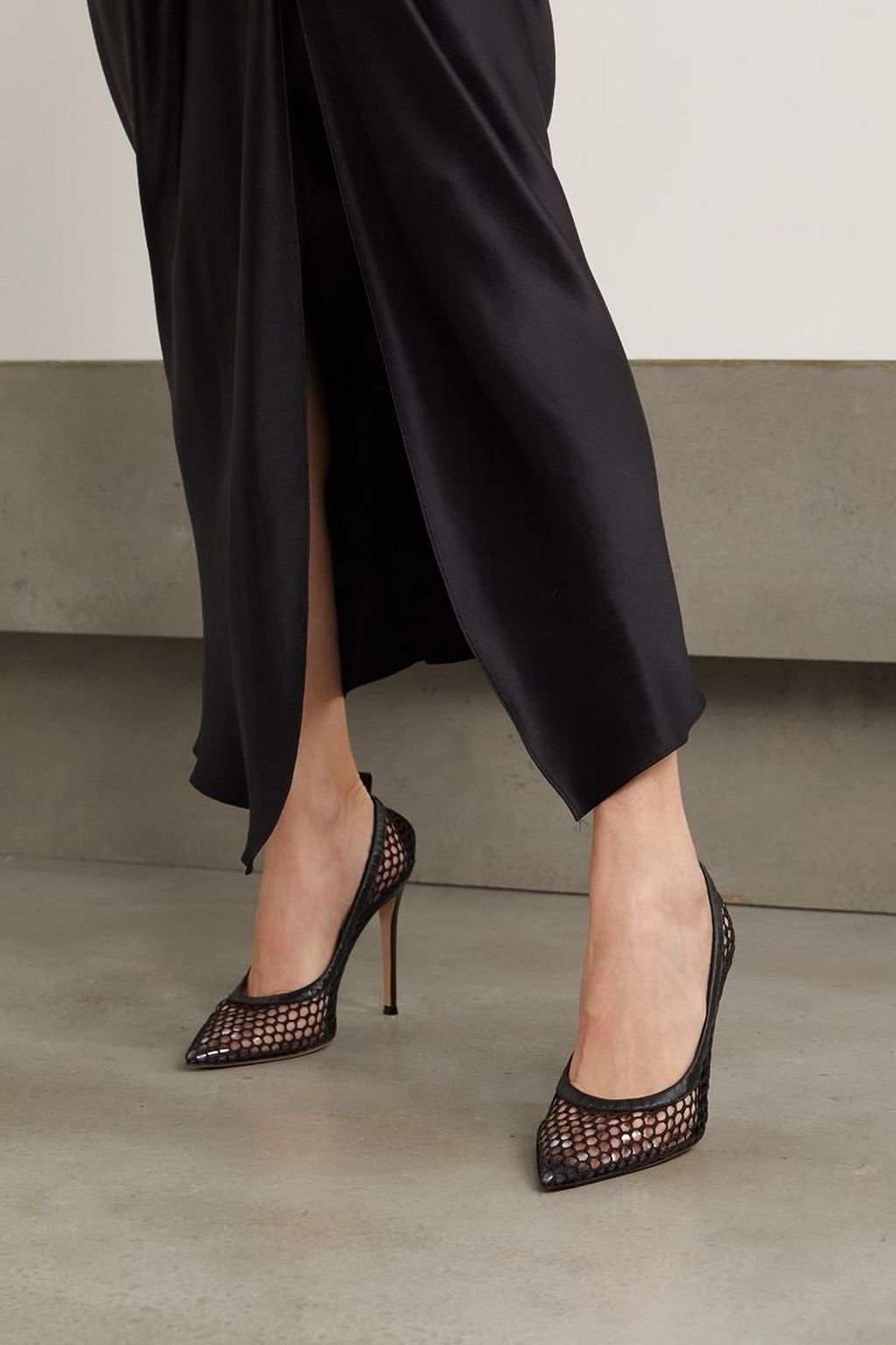GIANVITO ROSSI 105 leather-trimmed fishnet pumps
