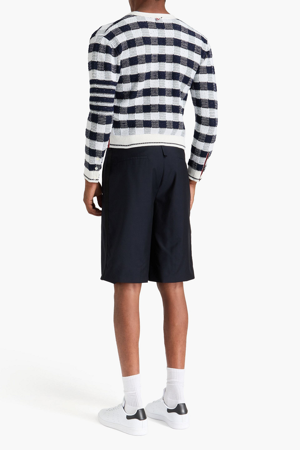 Shop Thom Browne Checked Jacquard-knit Cotton-blend Cardigan In Marineblau