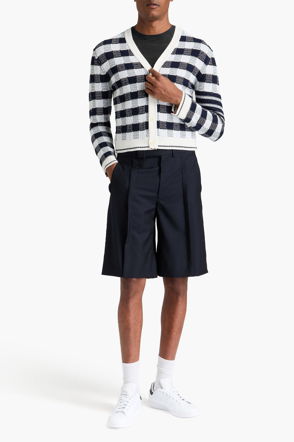 Shop Thom Browne Checked Jacquard-knit Cotton-blend Cardigan In Marineblau