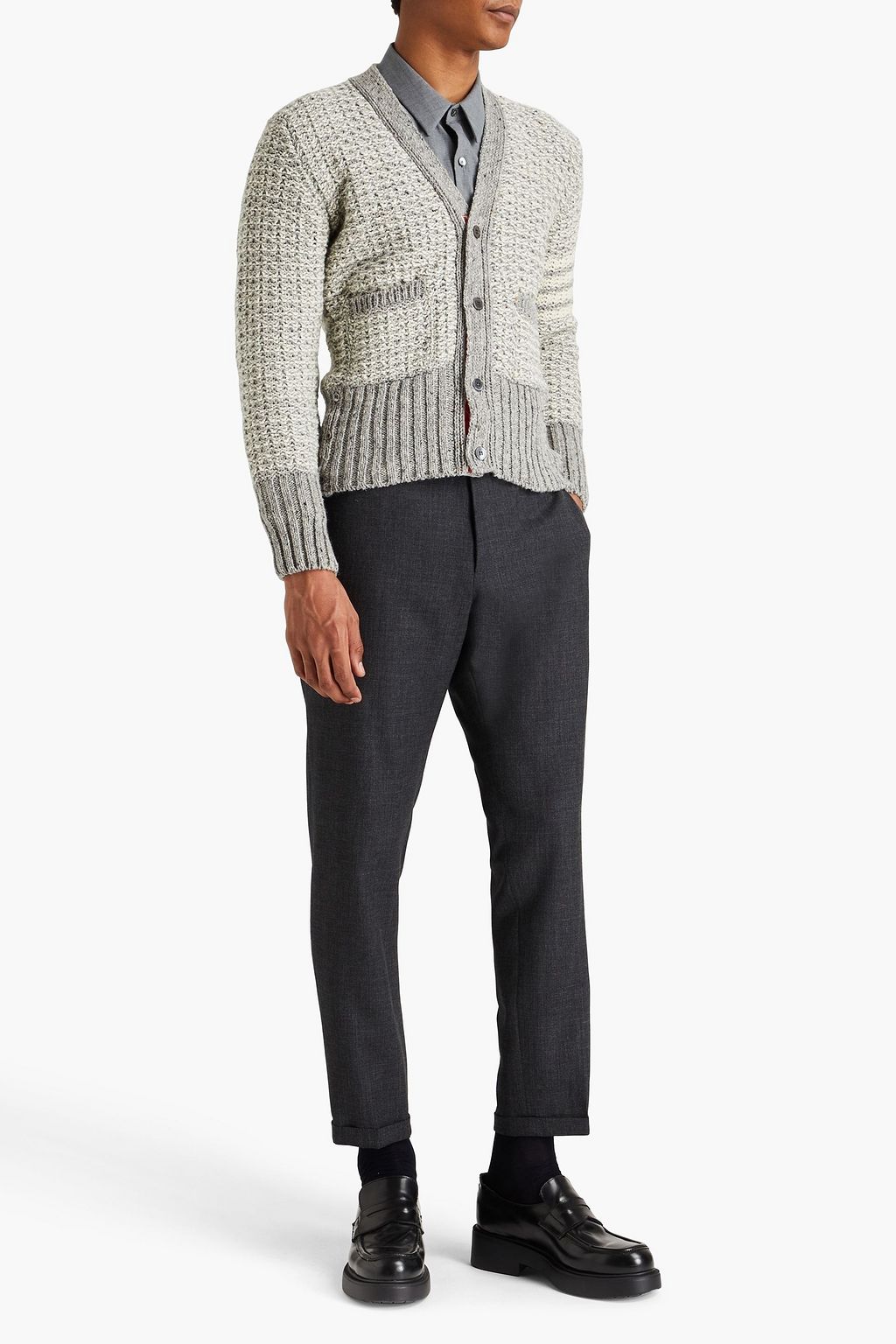 THOM BROWNE Gestreifter Cardigan aus einer Woll-Mohairmischung