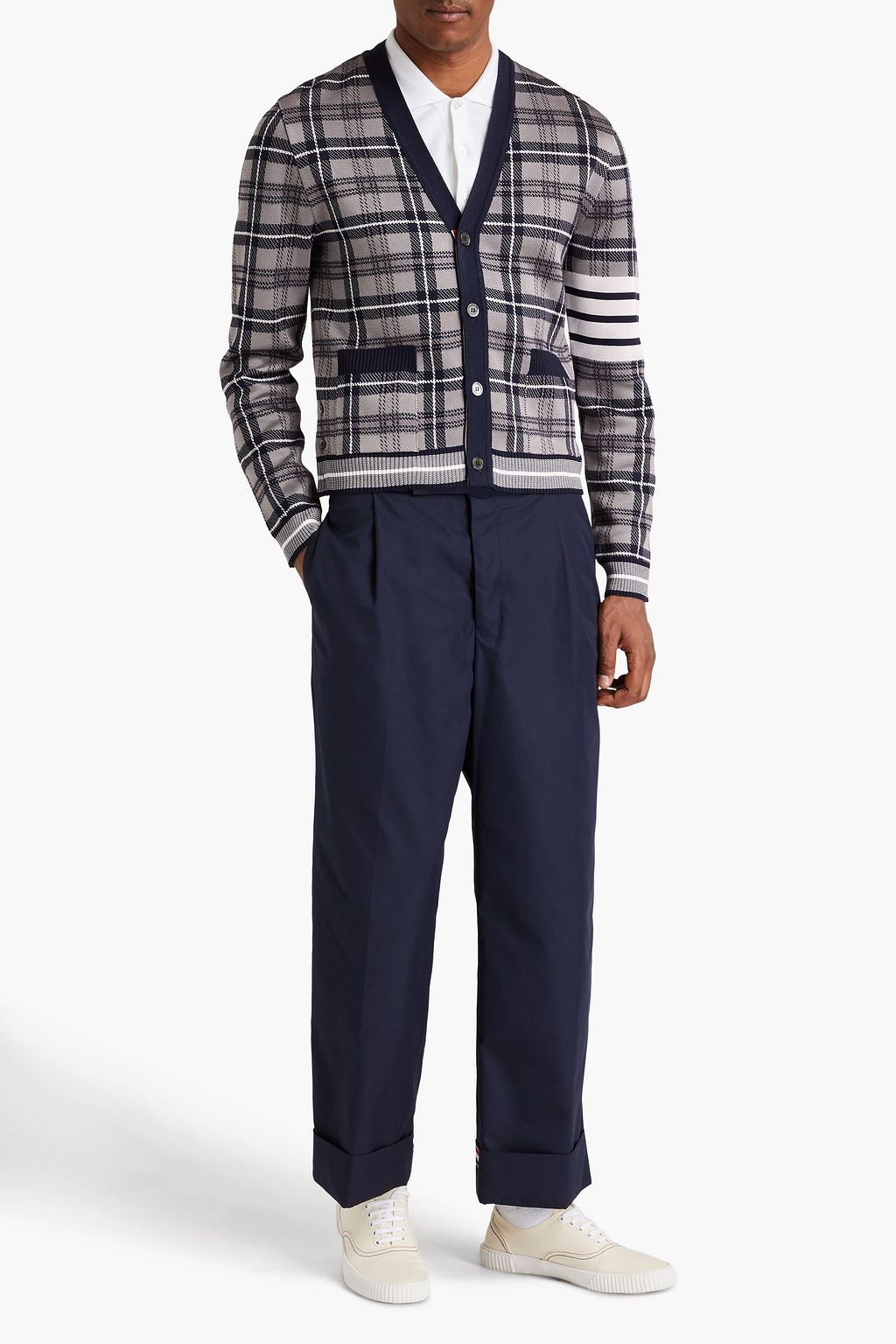 THOM BROWNE Checked jacquard-knit silk and cotton-blend cardigan
