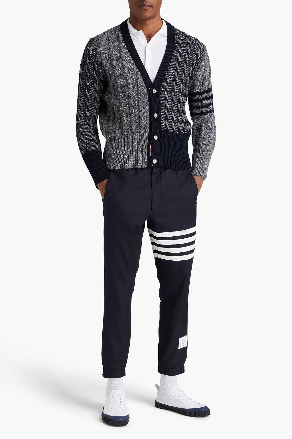 THOM BROWNE كارديغان من مزيج الموهير والصوف بحبكة مجدولة وبتصميم مخطط