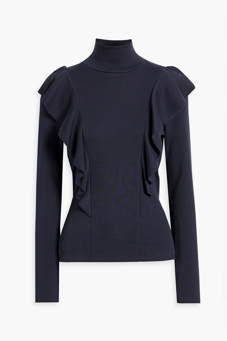 Veronica Beard Freida Ruffled Stretch-pima Cotton Jersey Turtleneck Top In Navy