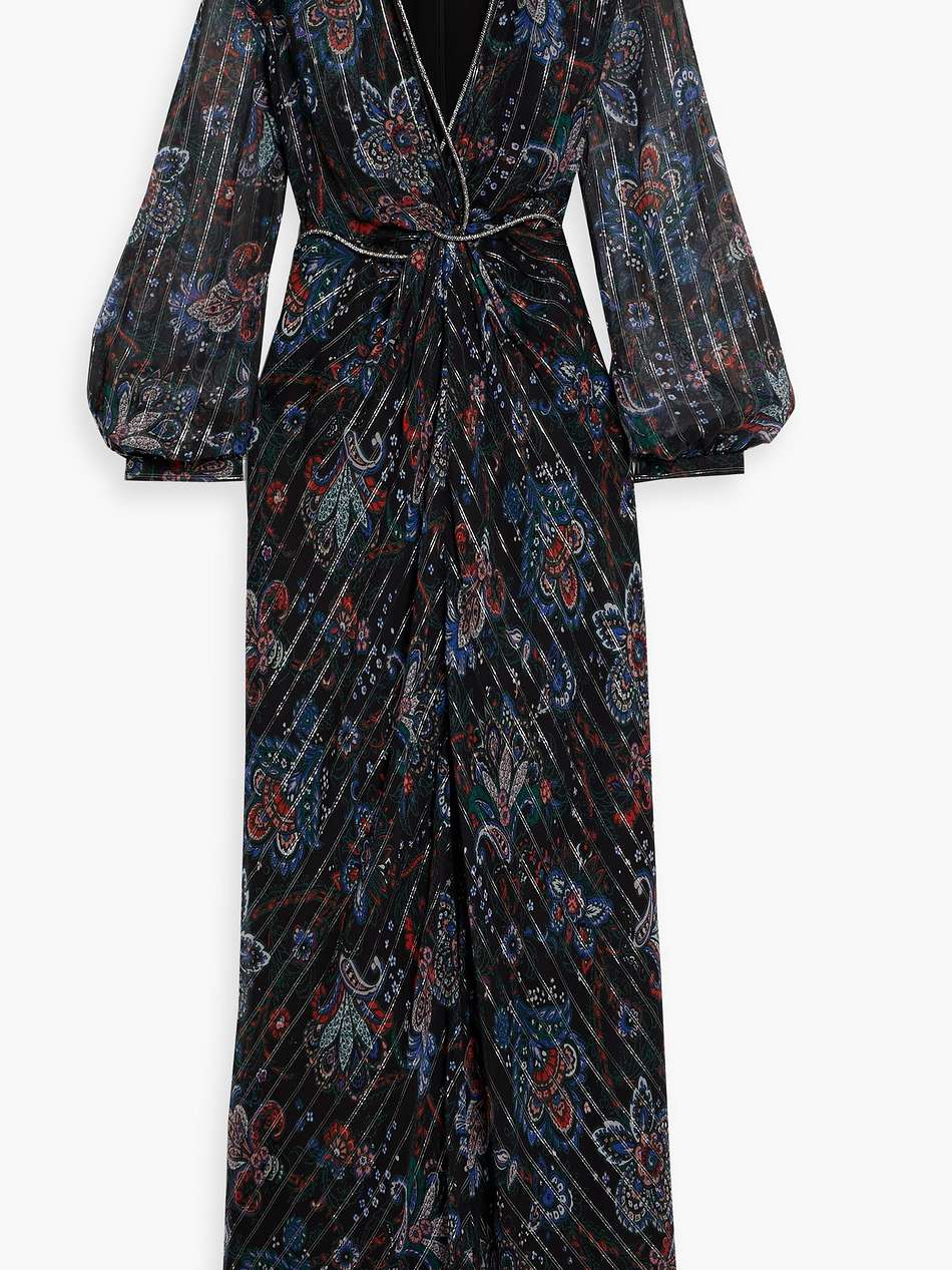 kaira embellished metallic printed silk-blend chiffon maxi dress