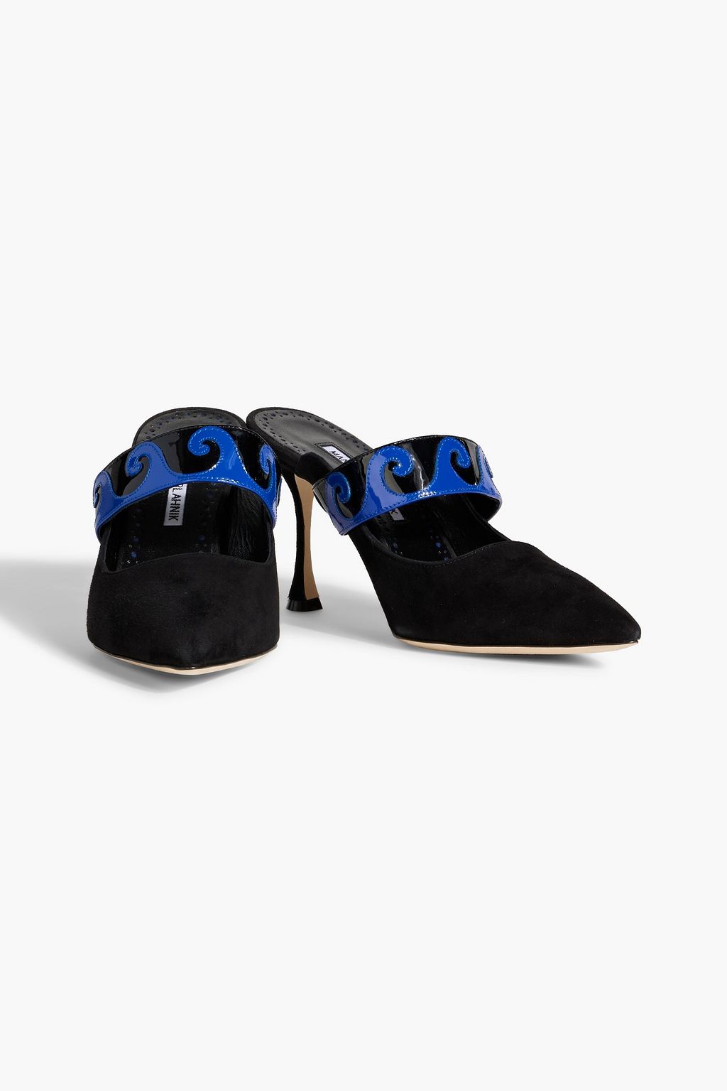 MANOLO BLAHNIK Bembemu 90 patent-leather and suede mules