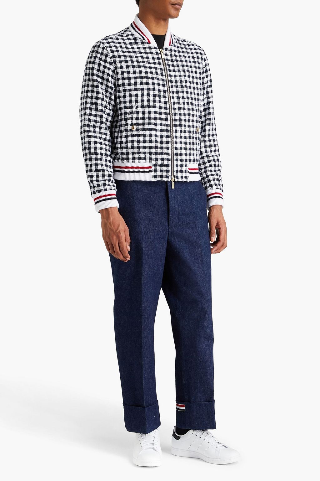 THOM BROWNE جاكيت بومر من القطن بحبكة بوكليه مزين بطبعة مربعات