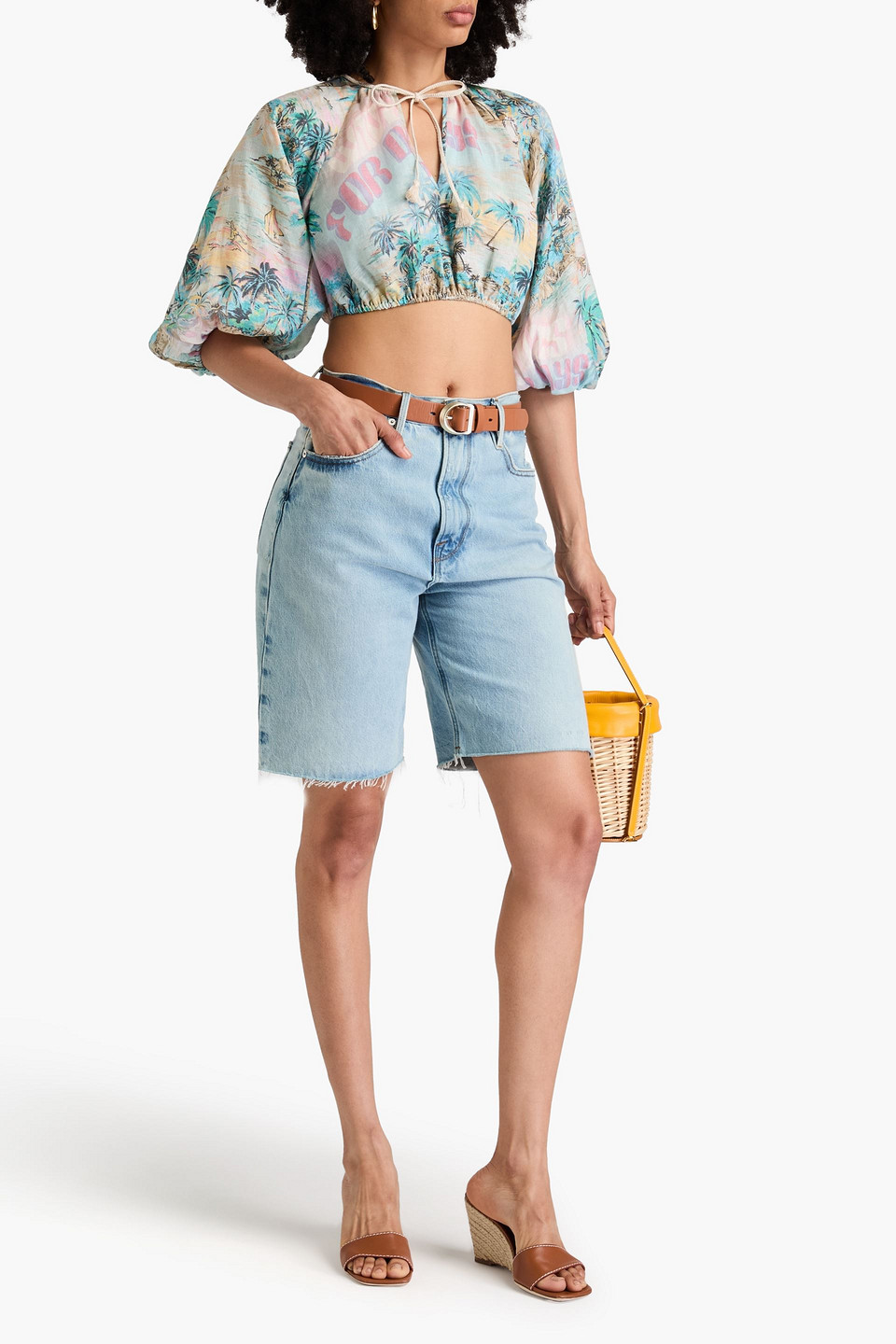 Zimmermann Cropped Oberteil Aus Leinen Mit Print In Himmelblau
