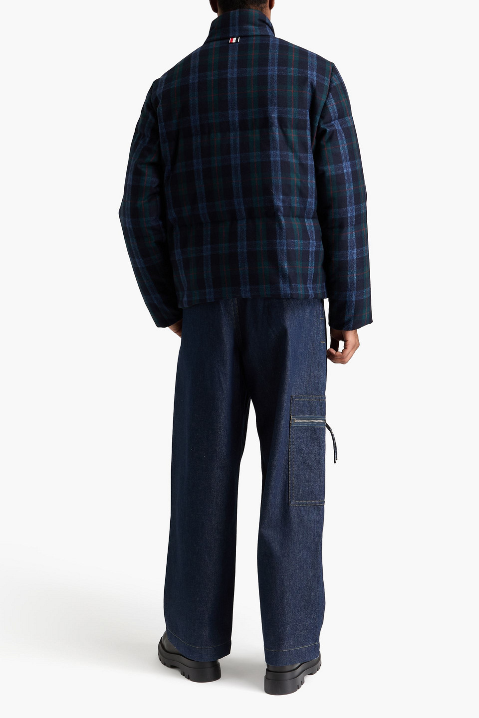 Thom Browne Wool Blend Check Reversible Puffer Jacket In Navy