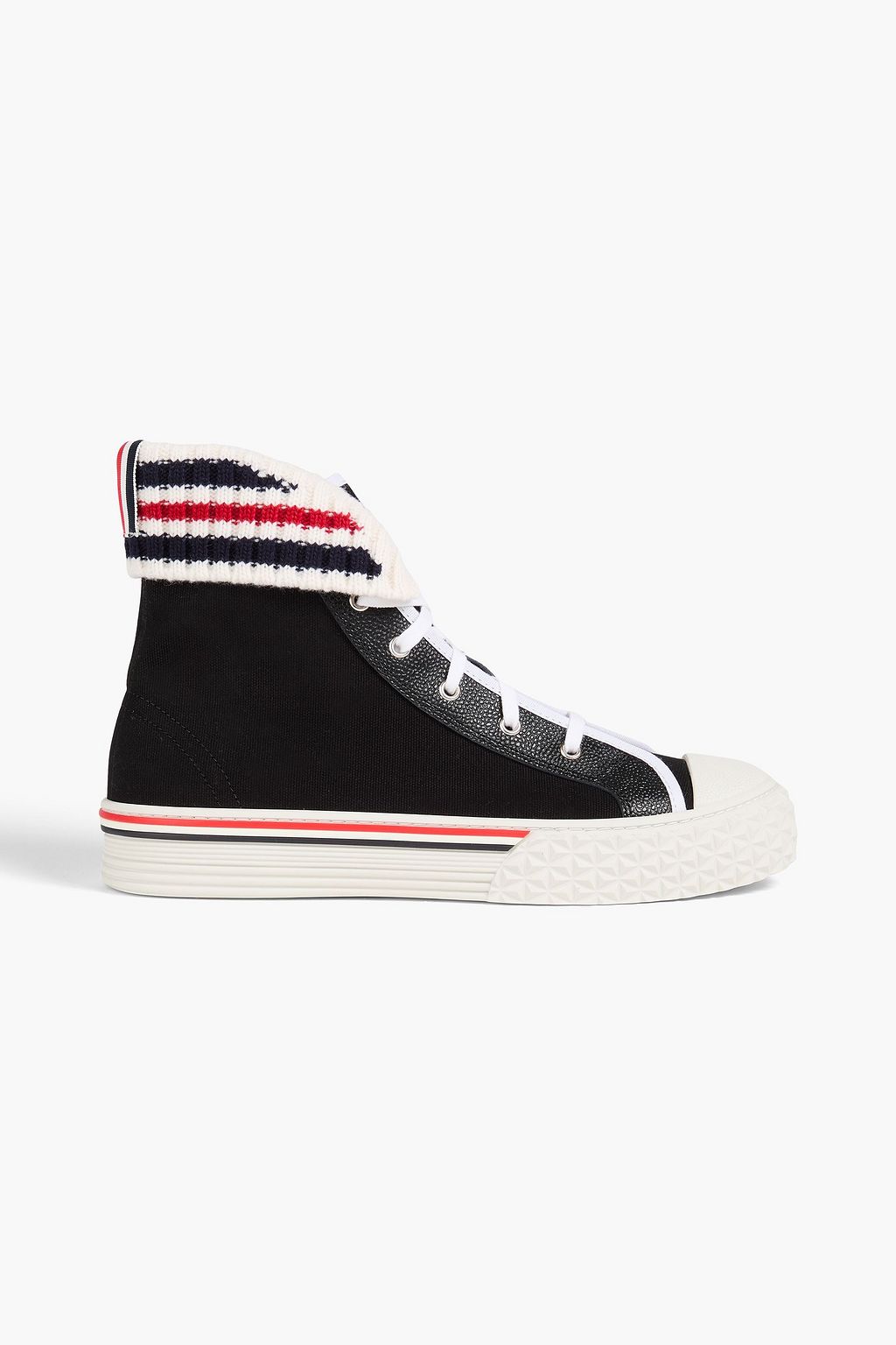 THOM BROWNE Striped knitted canvas and pebbled leather high top sneakers THE OUTNET